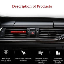 Interior car perfume with rotating flow control and magnetic feature, offering several fragrances.